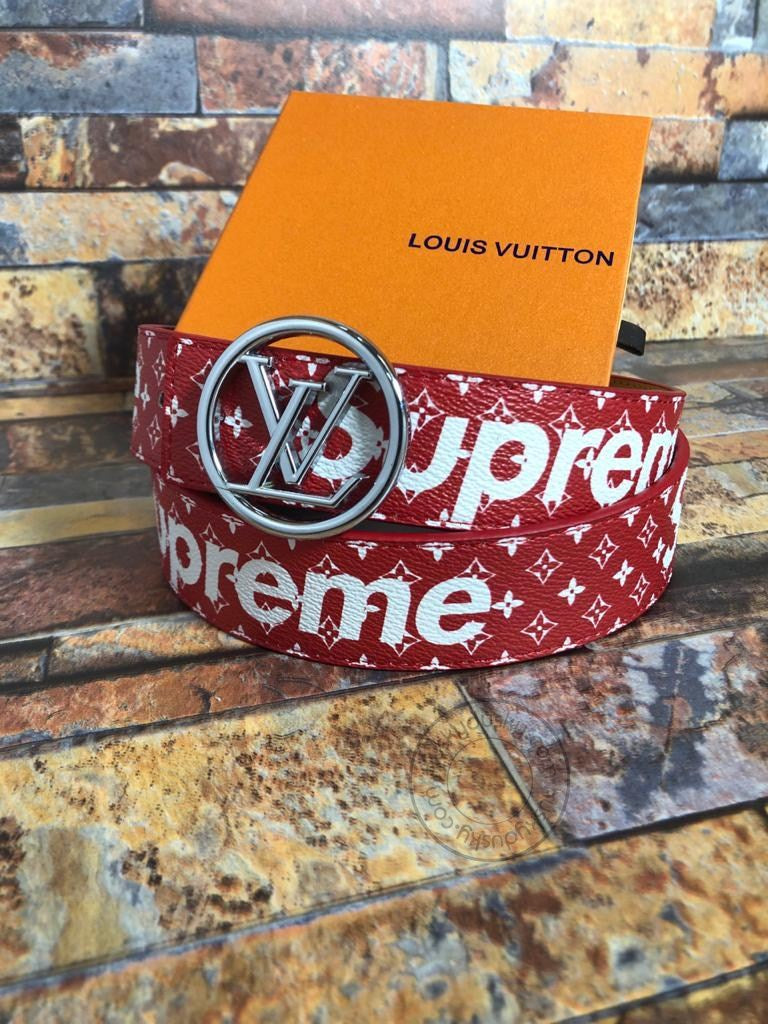 Louis Vuitton Red Supreme Leather Men's Women's LV-BLT-10 Waist Belt for Man Woman or Girl Silver LV Buckle Gift Belt