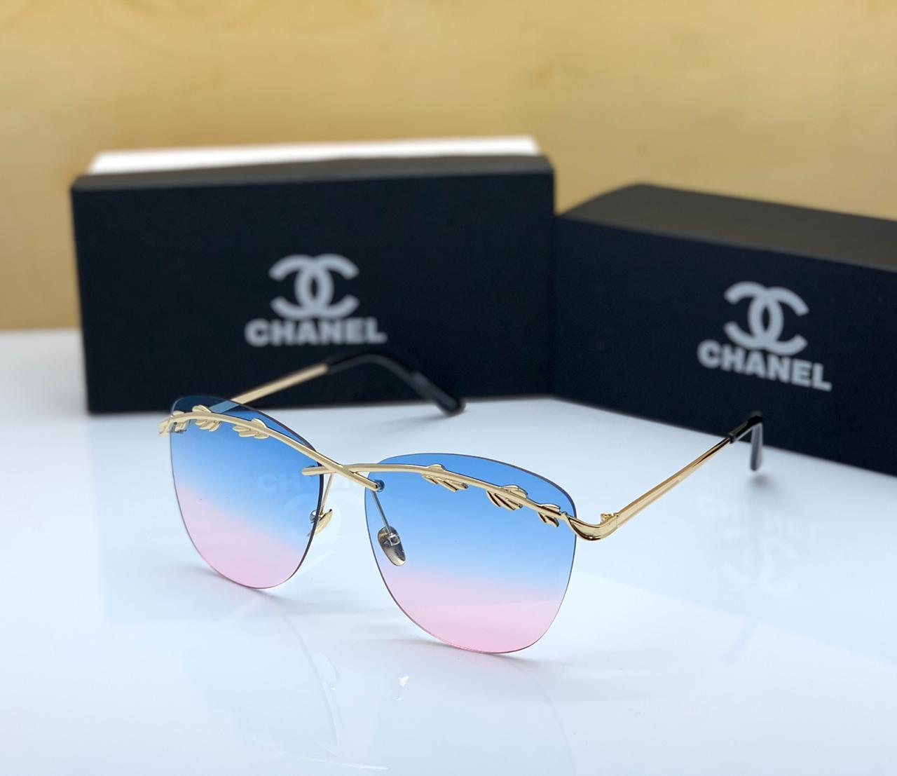 Chanel Branded Multi Color Blue&Red Shade Glass Women's Sunglass For Woman or Girl CHA-777 Gold And Black Stick Gift Sunglass