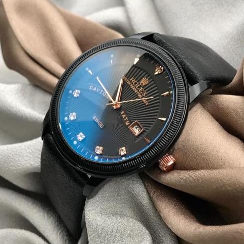 Rolex DayTona 3ATM Swiss Black Leather Men's Watch For Man RLX-3-05 Black Dial Black Case Date Gift Watch