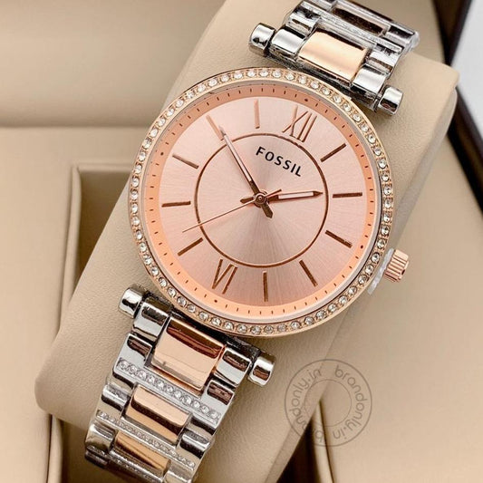 Fossil Multi Color Metal Diamond Case & Strap Watch For Women's Es8040 Design Rose Gold Dial For Girl Or Woman Best Gift Date Watch