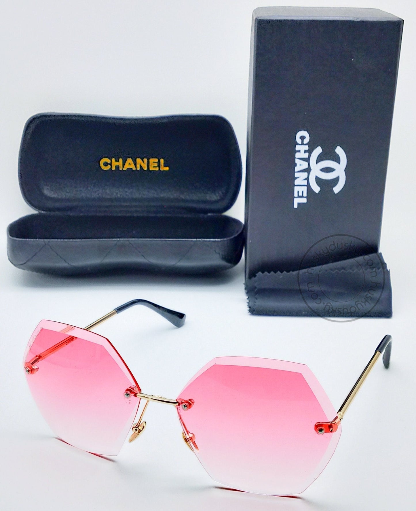 Chanel Branded Hexa Pink Glass Men's Women's Sunglass For Man Woman or Girl CHA-94 Gold And Black Design Stick Gift Sunglass