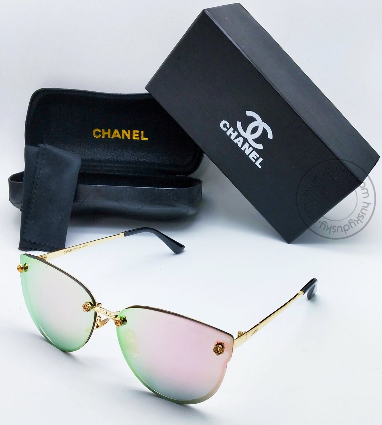 Chanel Branded Multi Color Green&Pink Glass Men's Women's Sunglass For Man Woman or Girl CHA-91 Gold And Black Design Stick Gift Sunglass