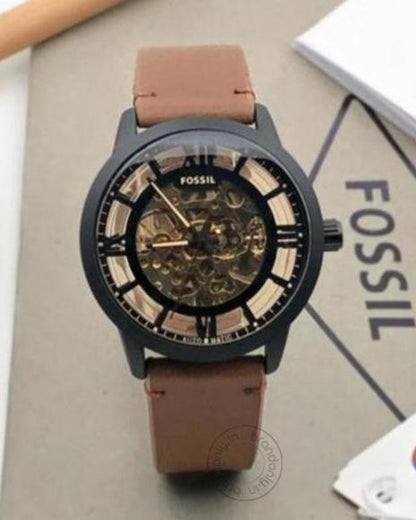 Fossil Skeleton Black Chronograph Automatic Mens Watch ME3098 Formal Casual leather Watch for Man