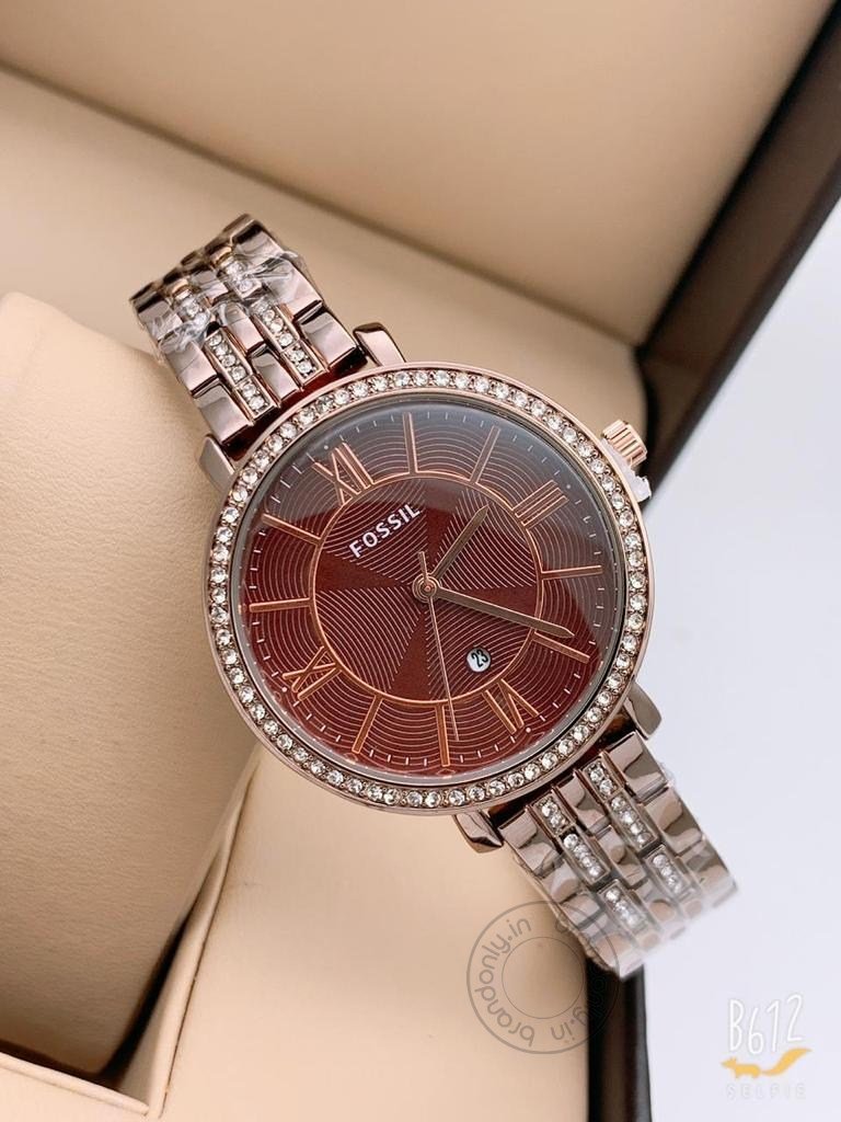 Fossil Brown Metal Diamond Case&Strap Watch For Women's Es3542 Design For Girl Or Woman Brown Dial Best Gift Date Watch