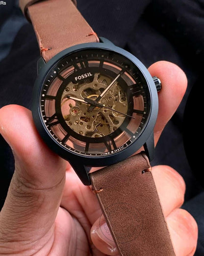 Fossil Skeleton Black Chronograph Automatic Mens Watch ME3098 Formal Casual leather Watch for Man