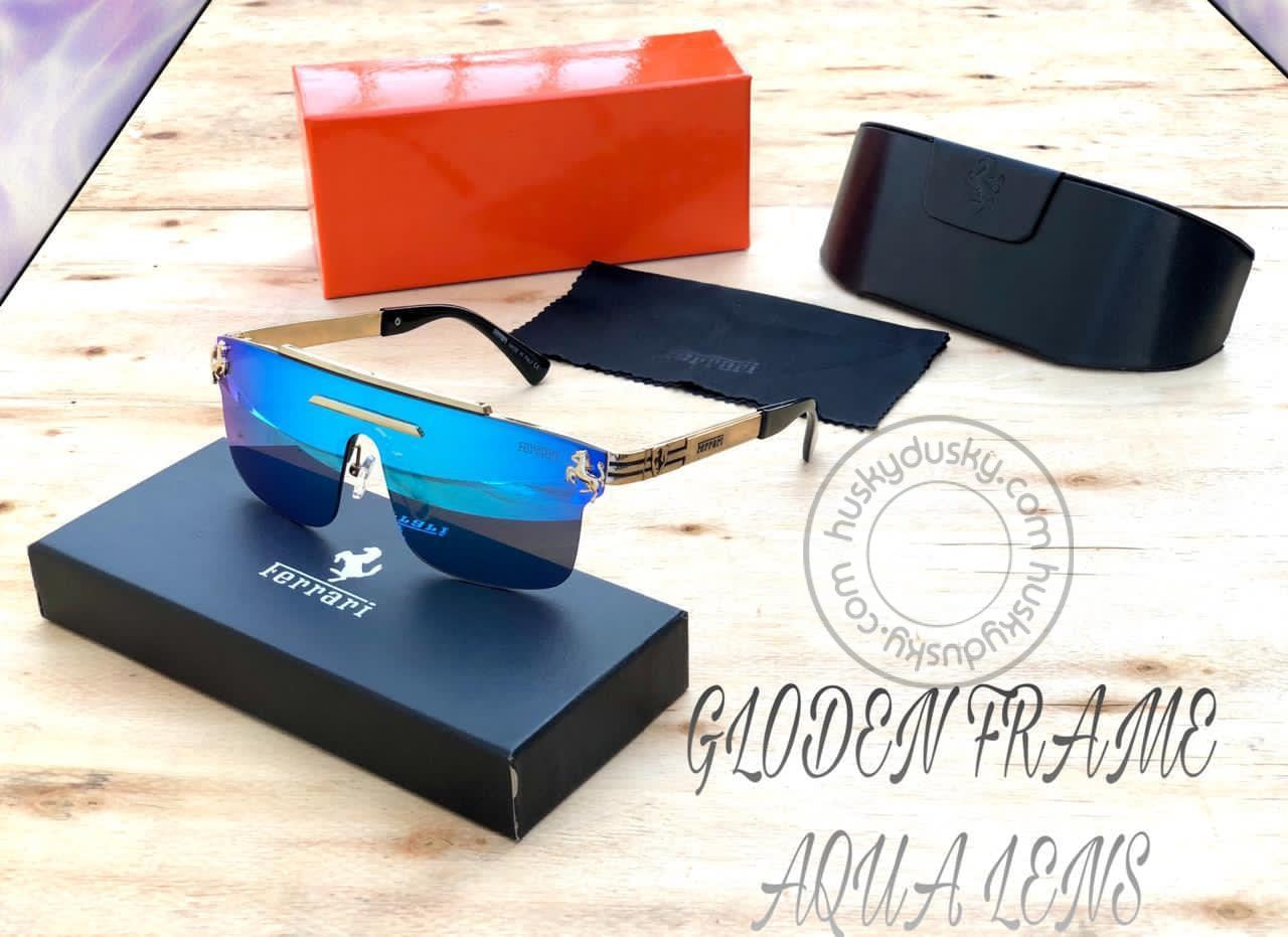 Ferrari Latest Design Aqua Blue Color Glass Men's Women's For Man Woman or Girl FRR-020 Tansparent Frame & Golden stick Sunglass