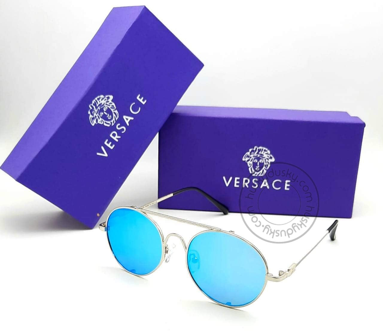 Versace Branded Aqua Blue Glass Men's Sunglass For Man VER-25628 Silver Frame Gift Sunglass