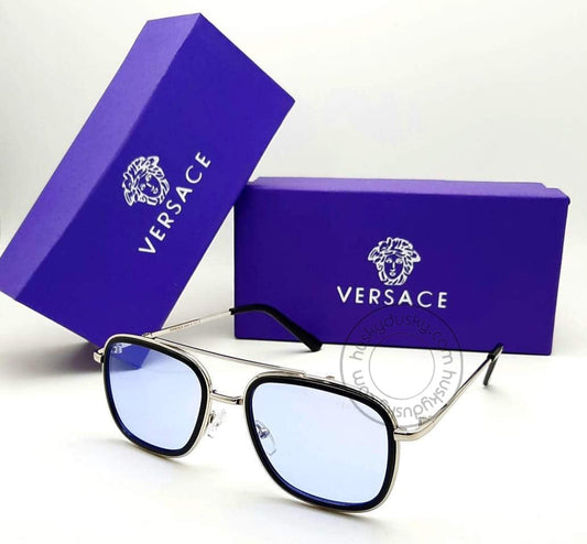 Versace Branded Light Blue Glass Men's Sunglass For Man VER-25625 Black Frame with silver & Black stick Gift Sunglass