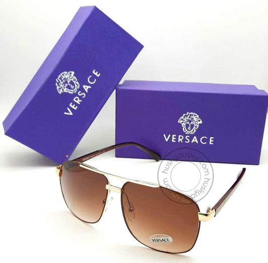 Versace Branded Brown Glass Men's Sunglass For Man VER-25634 Golden & Golden Frame Gift Sunglass