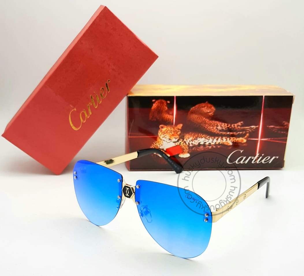 Cartier Branded Blue Glass Men's Women's Sunglass For Man Woman or Girl CRTR-410 Gold Stick Gift Sunglass