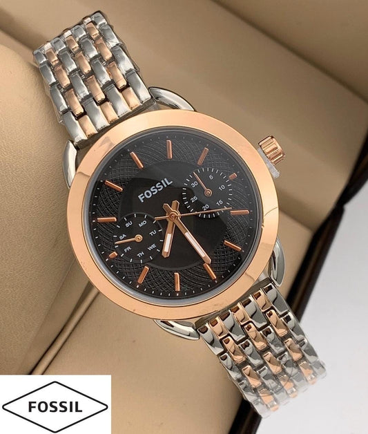 Fossil Rose Gold Silver Women's Es-812 Watch For Girl Or Woman Two Tone Black Dial - Best Gift For Women