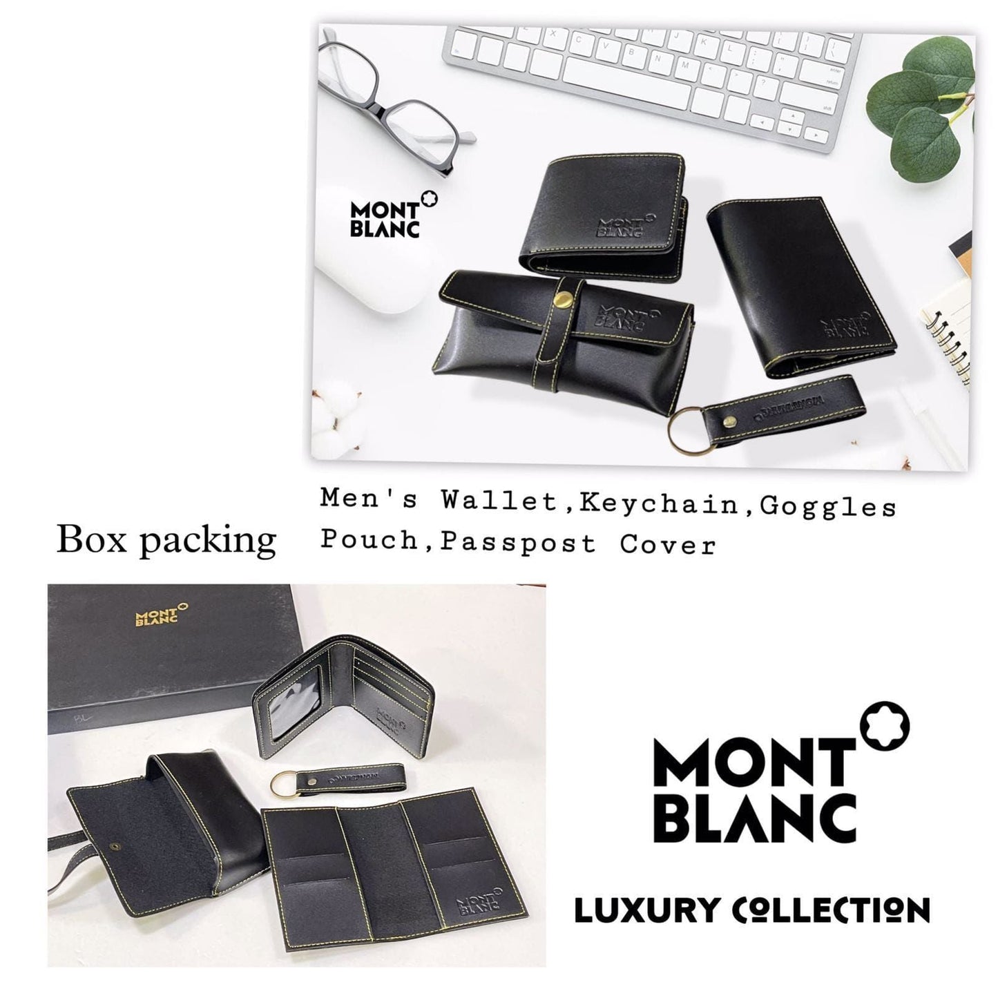 Mont Blanc Branded 4 in 1 Leather Corporate Gift Set In a Black Color with Sunglass Cover, Wallet, Card Holder and Metal Keychain Gift for Boss, Birthday Gift for Friend/Colleague And Many More MB-SET-Black