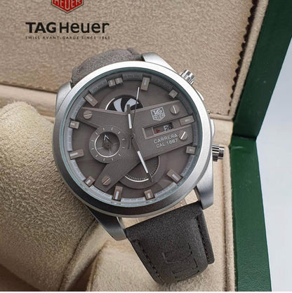 Tagheuer- Grand Carriera TAG-9810-CR7 Grey Chronograph Multi Dial With Grey Metal Case & Leather Strap Men's Watch - Best Formal Look Watch