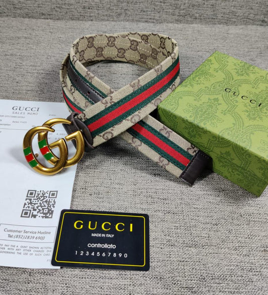 Gucci Tri Color i.e. Red, Green, And Brown  High End Leather Belt Texas Color Gucci Design Formal Men's Waist Belt For Man Formal Gucci Design Smooth Gold Buckle Belt GC-FB-1487
