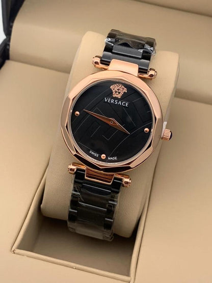 Versace Black Strap New Stylish Branded Women's Watch For Women And Girls Black Dial Rose Gold case Ver-831