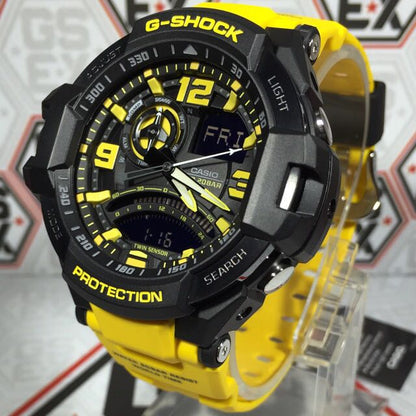 Casio G-Shock Analog Gravity Master ARMY MILITARY NAVY WATCH Twin Sensor World Time Digital Men Black Analogue With Yellow Strap and Digital watch With Metal Case Watch For Man Day And Date Gift Watch GA-1000-9A