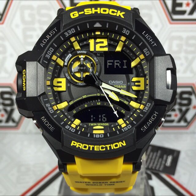 Casio G-Shock Analog Gravity Master ARMY MILITARY NAVY WATCH Twin Sensor World Time Digital Men Black Analogue With Yellow Strap and Digital watch With Metal Case Watch For Man Day And Date Gift Watch GA-1000-9A