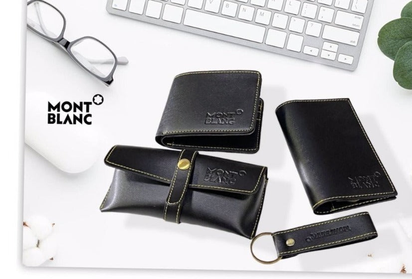 Mont Blanc Branded 4 in 1 Leather Corporate Gift Set In a Black Color with Sunglass Cover, Wallet, Card Holder and Metal Keychain Gift for Boss, Birthday Gift for Friend/Colleague And Many More MB-SET-Black