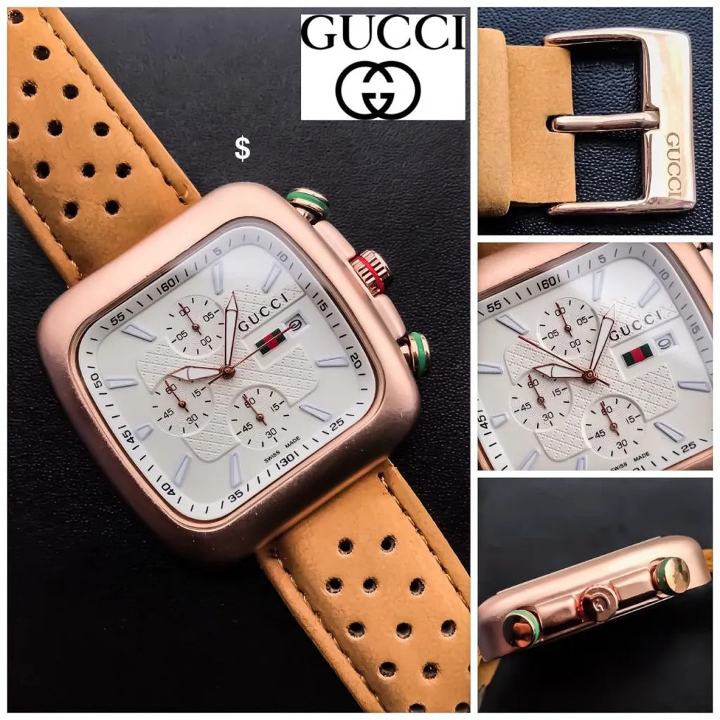 Gucci Chronograph Brown Leather Strap Men's Watch for Man GC Wt 01 White Dial Day and Date Gift Watch