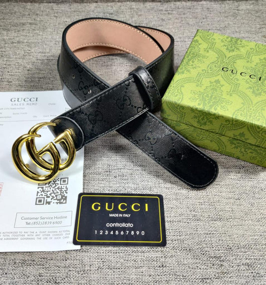 Gucci Shine High End Black Leather Belt Gucci Design Formal Men's Waist Belt For Man Formal Gucci Design Smooth Gold Buckle Belt- GC-FB-1385