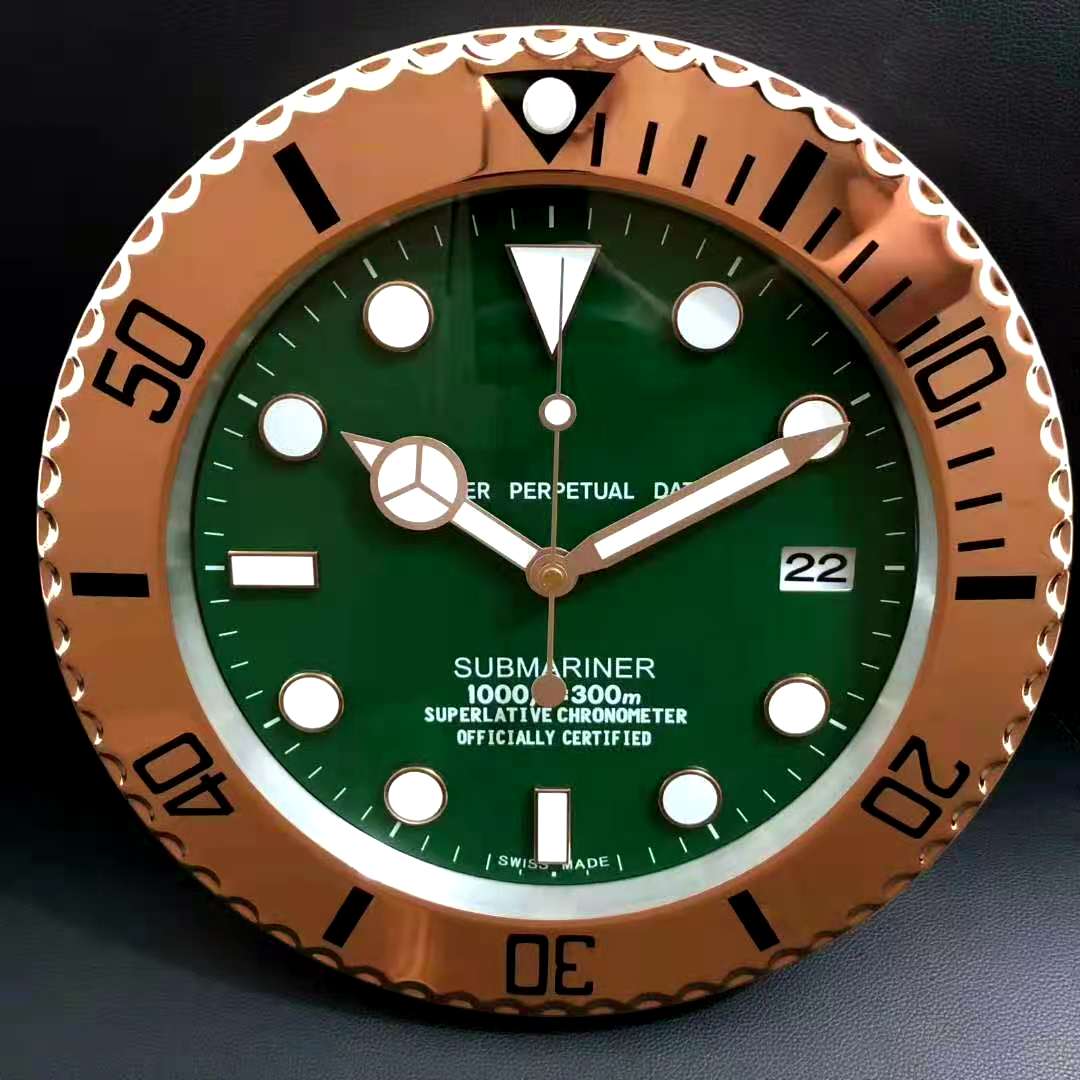 Rolex Wall Clock Quartz Analog Dated Design Metal Art Wall Clock Luminous Function Gold Case Green Dial RLX-WC-907