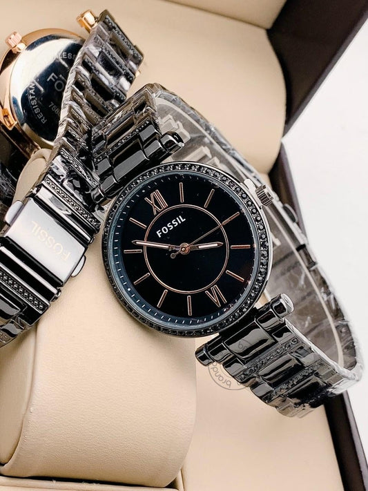 Fossil Black Metal Diamond's Case&Strap Watch For Women's Es8060 Design Black Dial For Girl Or Woman Best Gift Watch