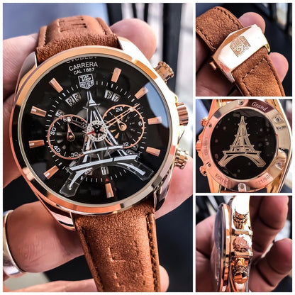 Tag Heuer Carrera Caliber Eiffel Tower Edition TAG-IT-22 Brown Color Leather Chronograph White Dial Leather Men s Watch For Man Gift