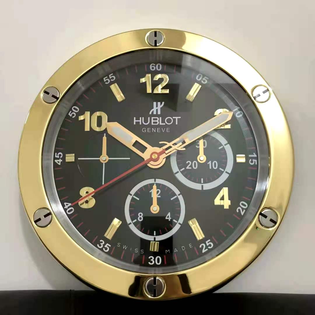 Hublot Wall Clock White Chronogragh Design Luminous Function Metal Art Wall Clock Black Dial With Metal Gold Case & Gold Markers Home Decor Wall Clocks Inspired By Fusion Wall decording Clock- Classy Look Clock For Home D cor Wall HB-WC-708