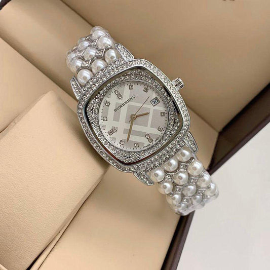 Burberry Premium Quality Heritage Silver Color Watch With White Diamand Dial And Case With Dated Swiss Rare 38mm Women Wrist Braclet Watch- Best Watch Ever For Women Or Girls BB-9046