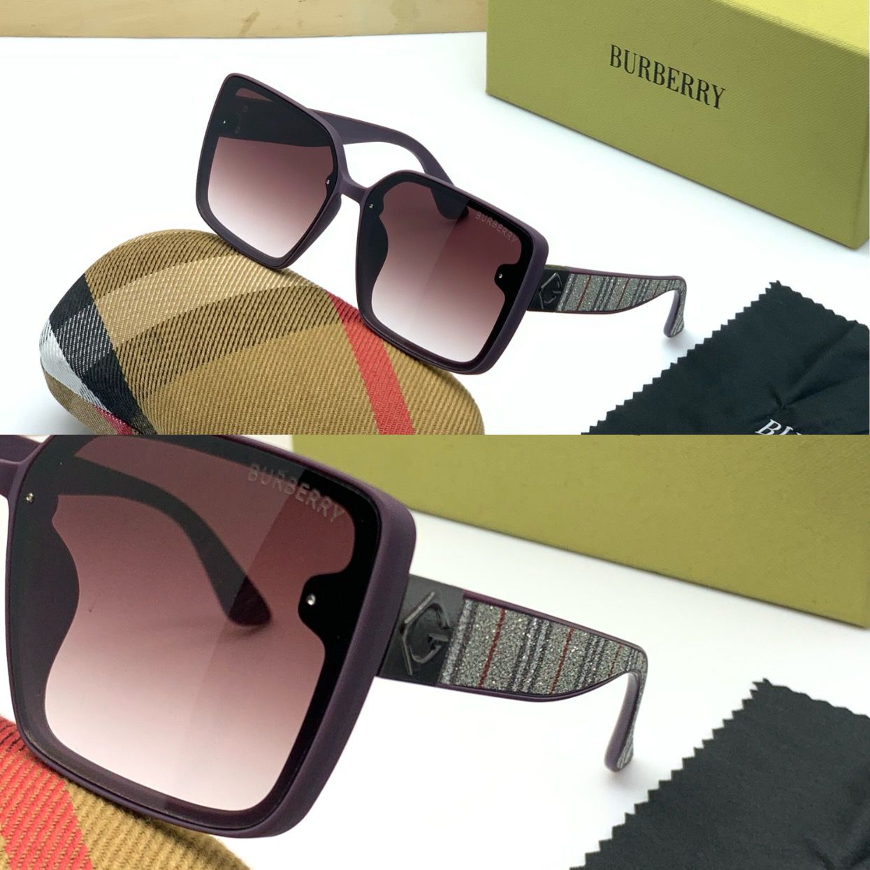 Burberry Branded Purple Glass Men's And Women's Or Girls Sunglass BB-33 Square Black Bold Frame With Bold Stick Sunglass- Best Sun Protection Sunglasses