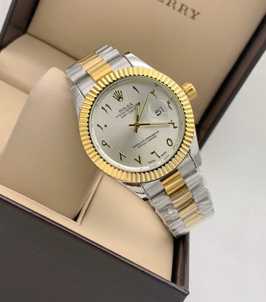Rolex Qurtz Movement Gold Case & White Dial Vintage Multicolor Strap Watch Men's - Best Watch For Causal Use RLX-1132