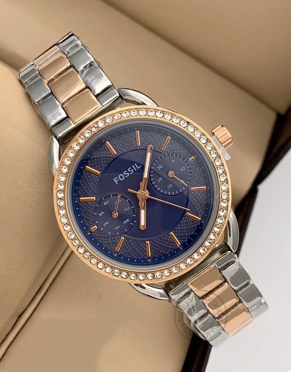 Fossil Rose Gold Silver Women's Es-765 Watch For Girl Or Woman Two Tone Blue Dial - Best Gift For Women
