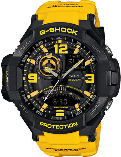 Casio G-Shock Analog Gravity Master ARMY MILITARY NAVY WATCH Twin Sensor World Time Digital Men Black Analogue With Yellow Strap and Digital watch With Metal Case Watch For Man Day And Date Gift Watch GA-1000-9A