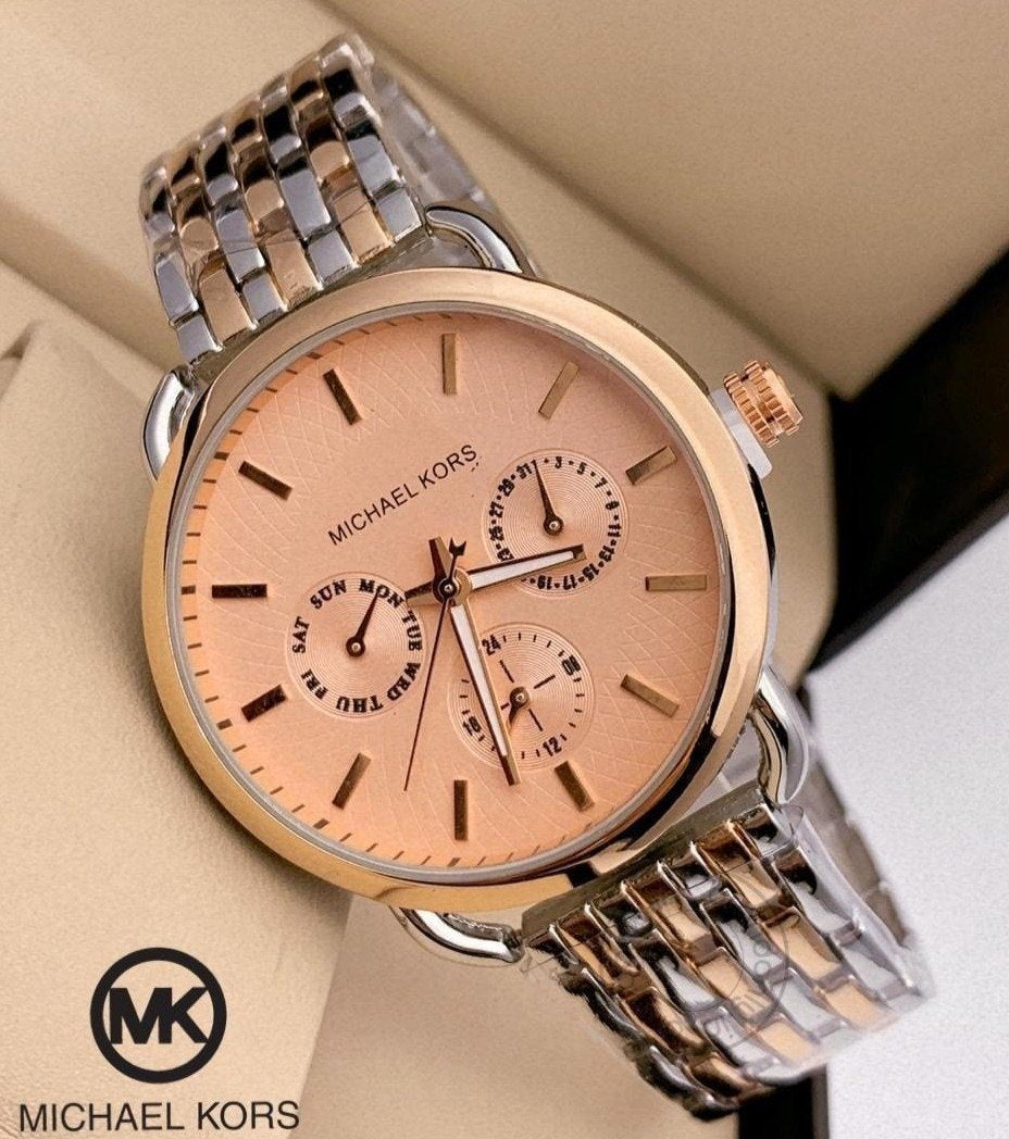 MK Peach Dial Women's Mk-857 Watch For Girl Or Woman Chronograph Multi Dial Gold Silver Day Date