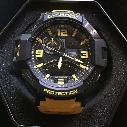 Casio G-Shock Analog Gravity Master ARMY MILITARY NAVY WATCH Twin Sensor World Time Digital Men Black Analogue With Yellow Strap and Digital watch With Metal Case Watch For Man Day And Date Gift Watch GA-1000-9A