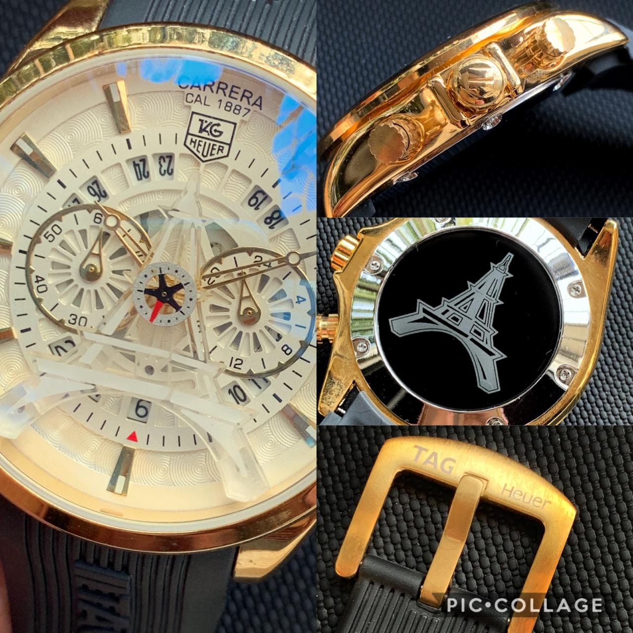 Tag Heuer Carrera Caliber Eiffel Tower Edition TAG-IT-88 White Color And Sapphire Glass Watch Black Rubber Strap Chronograph White Dial With Gold Case Watch For Men's __ Best Gift Watch