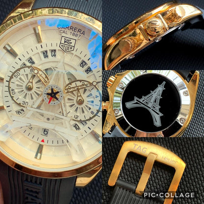 Tag Heuer Carrera Caliber Eiffel Tower Edition TAG-IT-88 White Color And Sapphire Glass Watch Black Rubber Strap Chronograph White Dial With Gold Case Watch For Men's __ Best Gift Watch