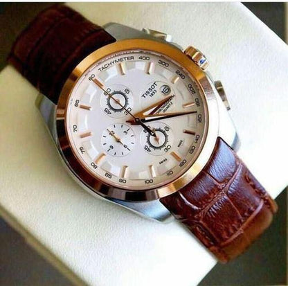 Tissot TS_384L Chronograph Brown Leather Mens Watch for Man White Date Display Best Gift for Man